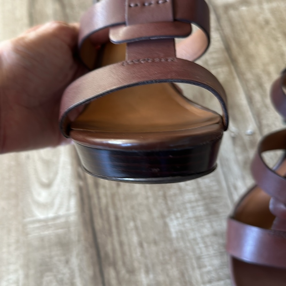 4.5” Stacked Wood Platform Leather Franco Sarto Betsy Chestnut Strappy Heels 9 - Picture 11 of 16